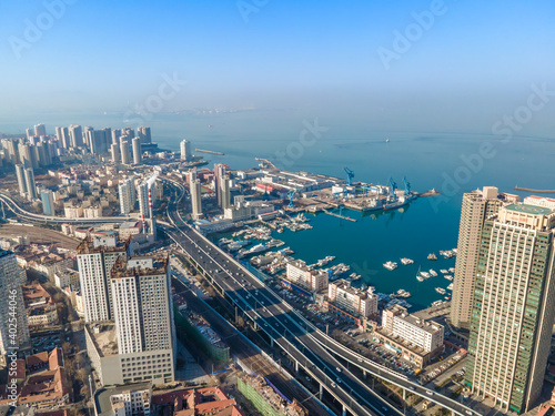 Aerial photography of architectural landscape skyline in Qingdao Bay