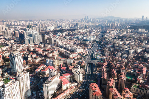 Aerial photography of architectural landscape skyline in Qingdao Bay