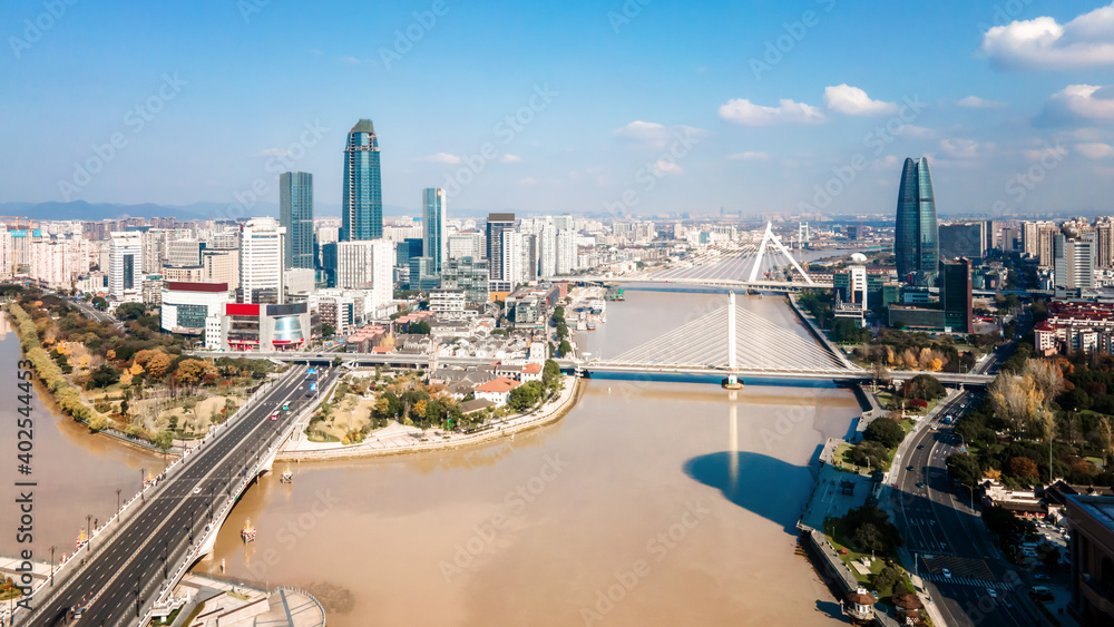 Obraz premium Aerial view of Sanjiangkou in Ningbo