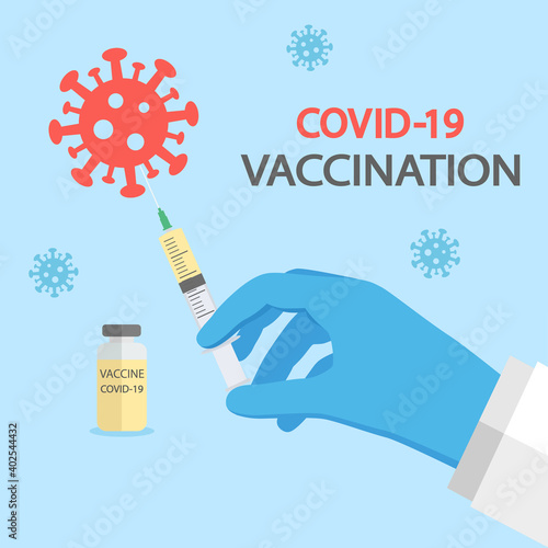 Coronavirus vaccine illustration. Syringe and vaccine vial flat icons. Syringe in hand and bottle on a blue background.