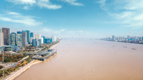 Aerial photos of skyline of architectural landscape along Qiantang River in Hangzhou © 昊 周