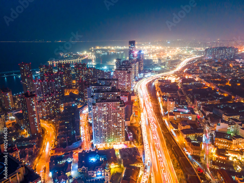 Aerial photography of Qingdao urban architectural landscape at night