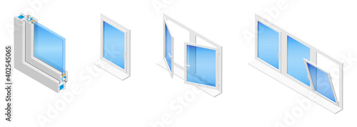 Isometric vector illustration plastic windows isolated on white background. Casement window in different positions: closed, tilted open and swung fully open. Double glazed window pane PVC profile.