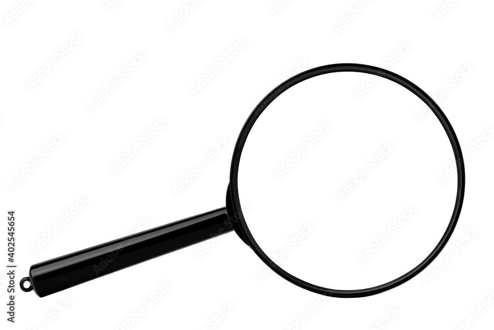 round magnifier in a black frame with a handle, magnifying glass, isolate on a white background round magnifier in a black frame with a handle, magnifying glass, isolate on a white background