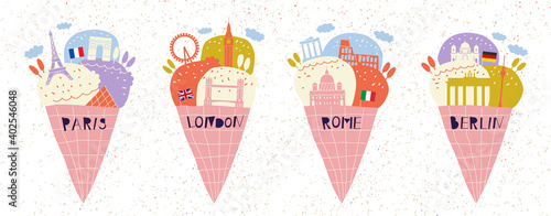 Concept of summer vacation in popular cities: Paris, London, Rome, Berlin. Set of ice cream with urban architecture. Creative modern illustration.