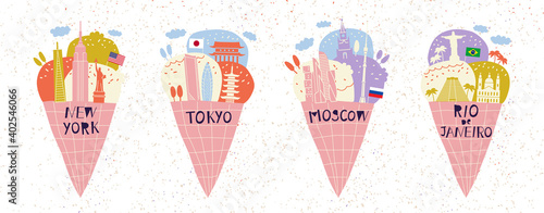 Concept of summer vacation in popular cities: New York, Moscow, Tokyo, Rio de Janeiro. Set of ice cream with urban architecture. Creative modern illustration.