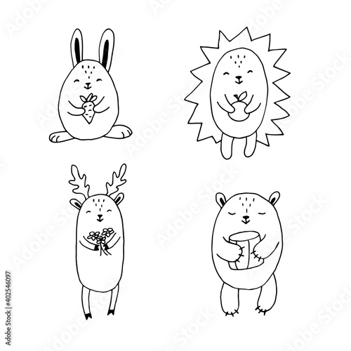 Forest dwellers. Hare with a carrot. Hedgehog with an apple. Deer with a bouquet of flowers. Bear with a barrel of honey. Vector hand-drawn doodle illustration. Black and white outline. Coloring