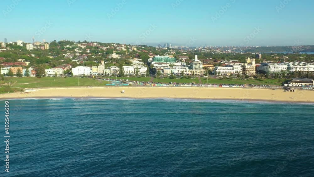 Aerial drone view of iconic Bondi Beach in Sydney, Australia during summer on a sunny morning Aerial drone view of iconic Bondi Beach in Sydney, Australia during summer on a sunny morning