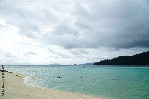 Andaman Sea before a thunderstorm. Koh Lipe Sunrise beach It s starting to rain. There are large and dark storm clouds in the sky. landscape.