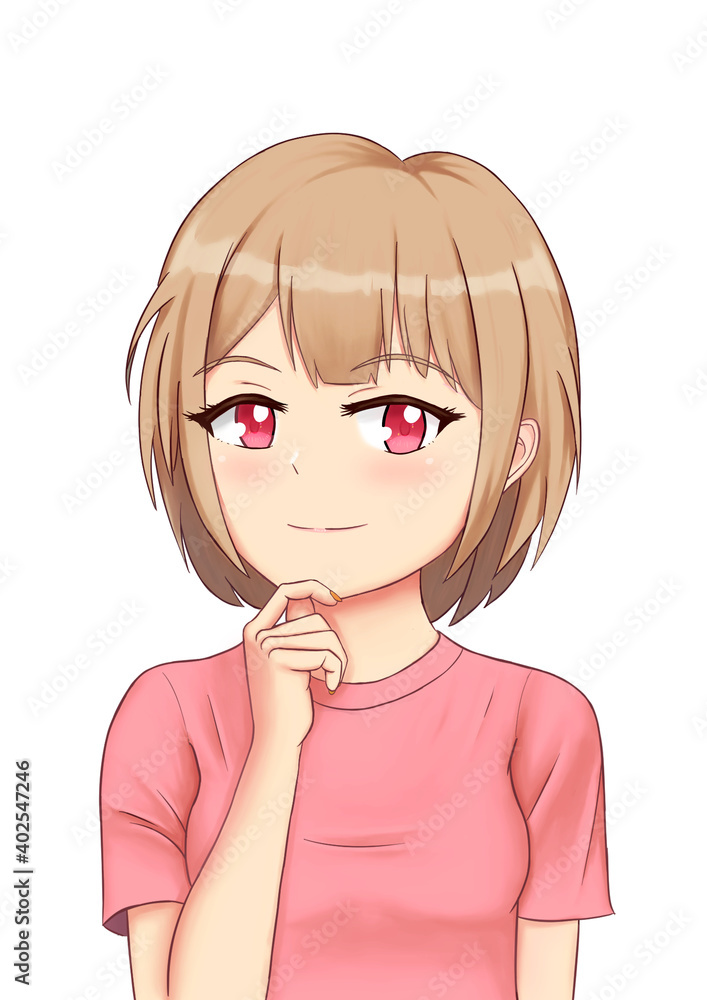 Closeup short light brown hair red eye beautiful anime girl looking right deep thinking creative person arm on the chin with a smiley face wearing short pink T-shirt isolated white background Closeup short light brown hair red eye beautiful anime girl looking right deep thinking creative person arm on the chin with a smiley face wearing short pink T-shirt isolated white background