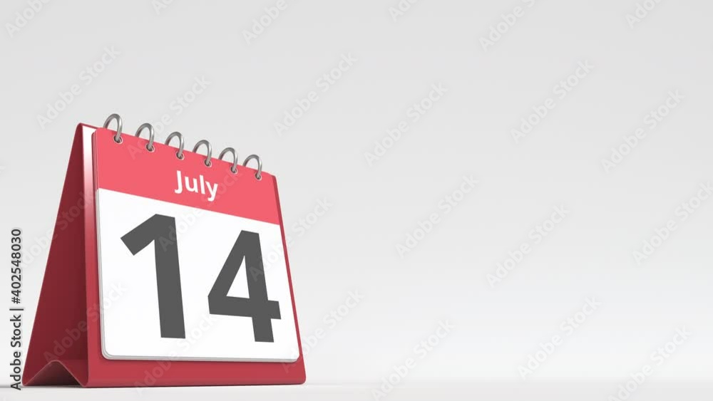 July 14 date on the flip desk calendar page, blank space for user text, 3d animation July 14 date on the flip desk calendar page, blank space for user text, 3d animation