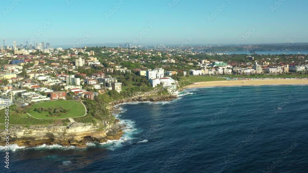 Aerial drone view of Mackenzies Point and iconic Bondi Beach in Sydney, Australia during summer on a sunny morning Aerial drone view of Mackenzies Point and iconic Bondi Beach in Sydney, Australia during summer on a sunny morning