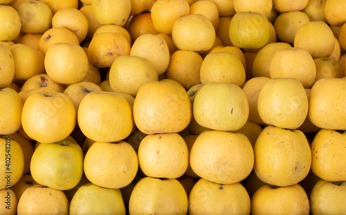 A closeup of fresh yellow apples placed in order for sale