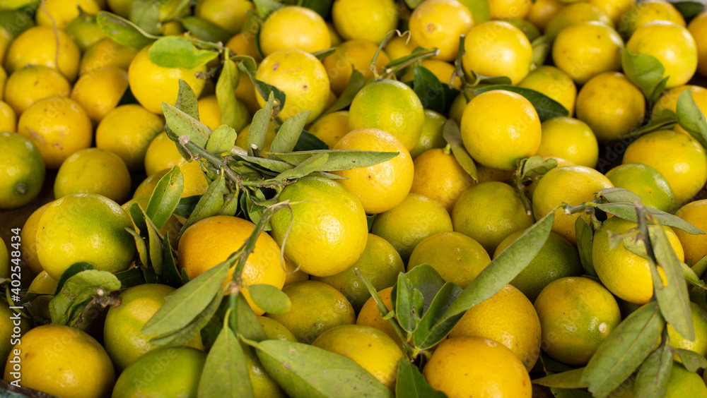  A Large amount of fresh yellow lemons placed in market