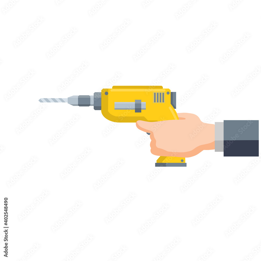 Drill. Technical work. Tool in hand. Construction Electrical Appliance. Flat cartoon icon Drill. Technical work. Tool in hand. Construction Electrical Appliance. Flat cartoon icon