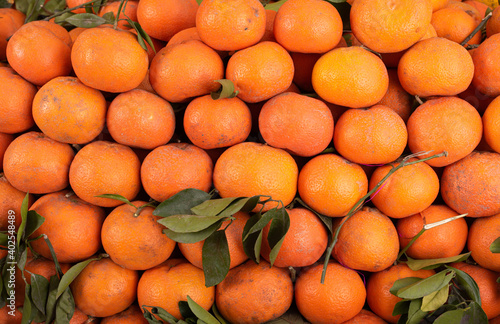  A lot of fresh oranges placed in order.