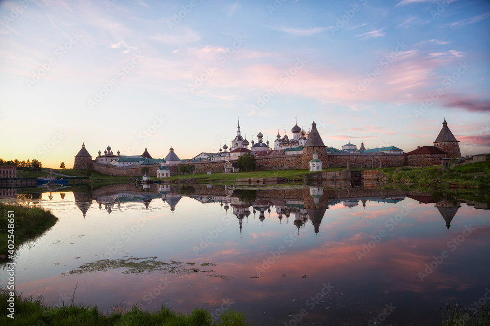 View of Solovetsky monastery in summer sunset