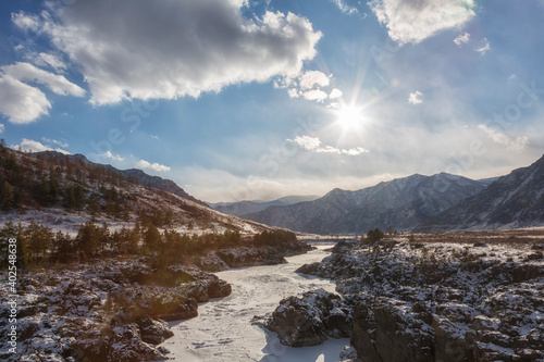 Katun river in Altai on a sunny winter day. Russia