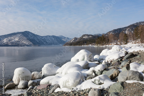 Lake Teletskoye in winter  Altai. Russia