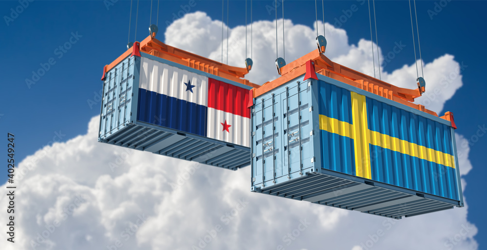 Freight containers with Sweden and Panama national flags. 3D Rendering 