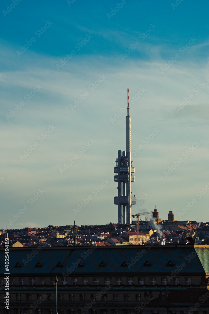 tv tower in Prague under harsh autumn light