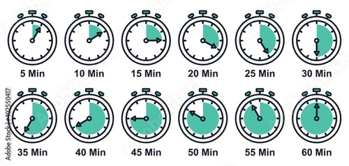 Timers icon set on white background in thin line style. Stopwatch symbol. countdown  clock counter timer vector illustration