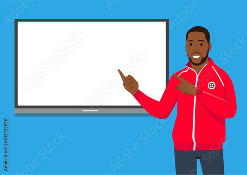 A vector illustration of sport Coach Talking in front of white board explaining about tactic