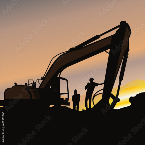 excavator at sunset, excavator at work, silhouette of excavator, Excavator logo design template vector illustration