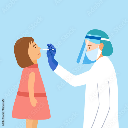 Kids patient receiving a covid19 coronavirus testing by medical staff, doctor or nurse. DNA test by nose swap probe at hospital in flat design vector.	
