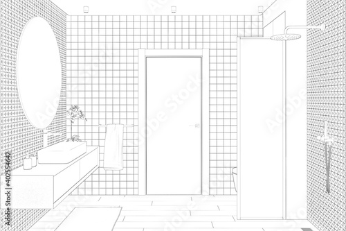 Sketch of the bathroom with tiled floor, ceiling, door, hanging toilet, shower, overhead washbasin on a cabinet next to a round mirror on a mosaic wall. 3d render