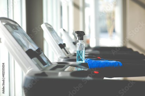 Bottle of alcohol And cleaning cloth for exercise equipment preventive disease of the Covid 19 virus