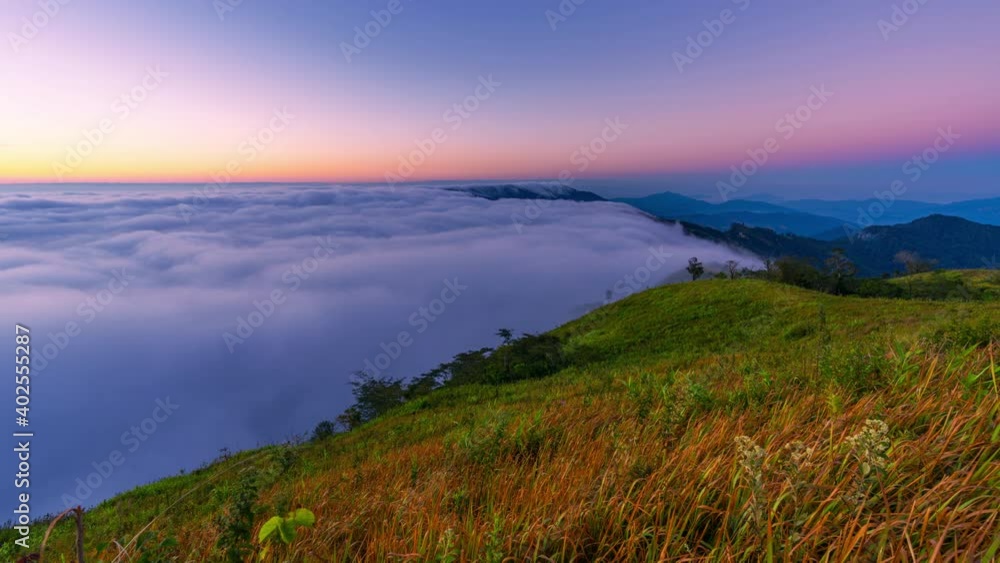 A sea of mist flowing across the mountain at Phu Chi Fa Viewpoint, bordering Thailand with Laos in Chiang Rai Province, Thailand. A sea of mist flowing across the mountain at Phu Chi Fa Viewpoint, bordering Thailand with Laos in Chiang Rai Province, Thailand.