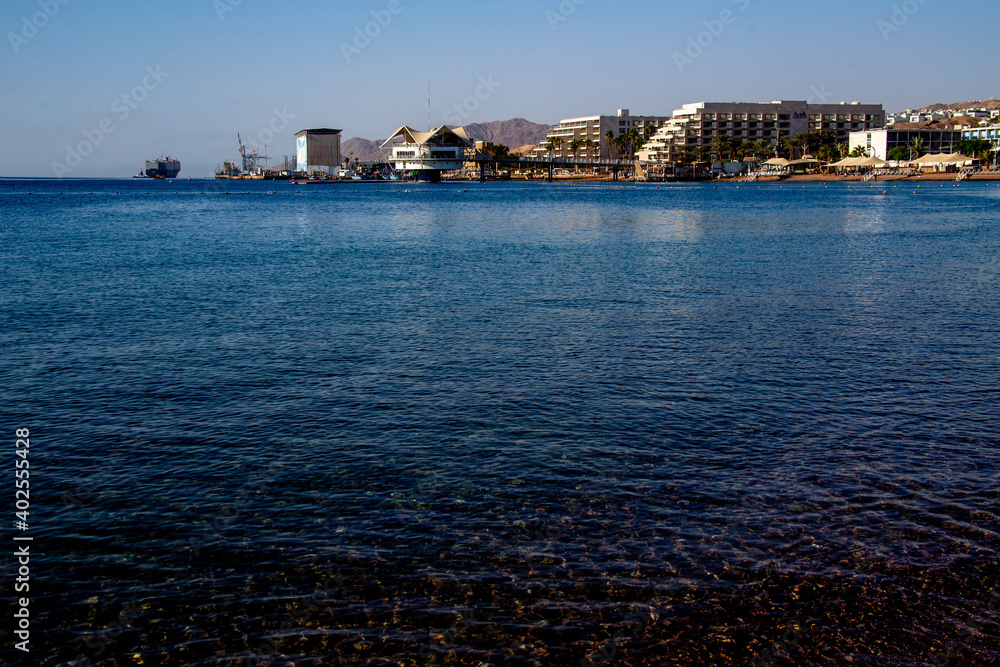 Eilat, Israel - Oktober 23, 2020: Panoramic view of the central public beach of Eilat - the famous resort city of Israel