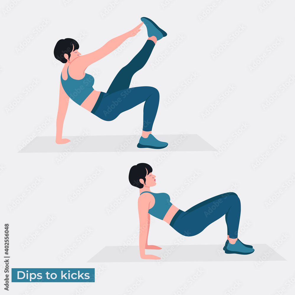 Dips to kicks exercise, Women workout fitness, aerobic and exercises. Vector Illustration.