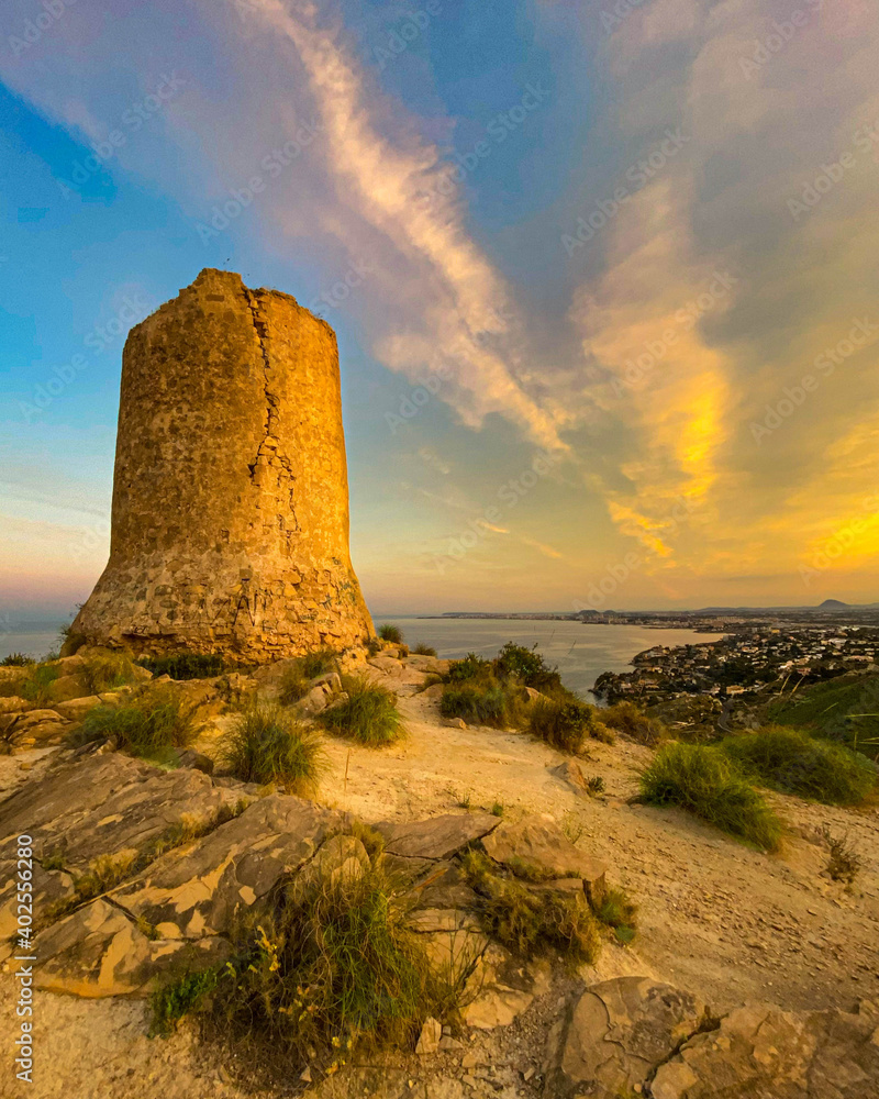 sunset from the watchtower on the top of the mountain, Torre de Reixes, Campello, Spain