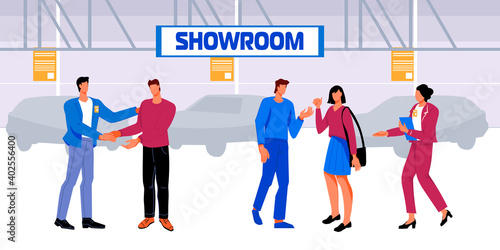 People in a car dealership choose a car and conclude a sale and purchase transaction, flat vector illustration. Buyers and car sellers in the showroom interior.