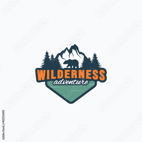 Vector illustration of walking bear, mountain, forest, and lake good for outdoor badge, label, sticker, logo design