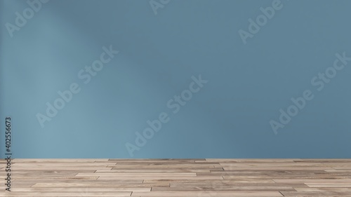 Dark blue wall in an empty room with a wooden floor. For graphics, web site, brander, product display media. 3D rendering photo