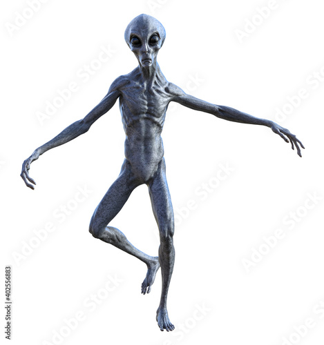 Illustration of an alien doing a goofy dance on a white background.