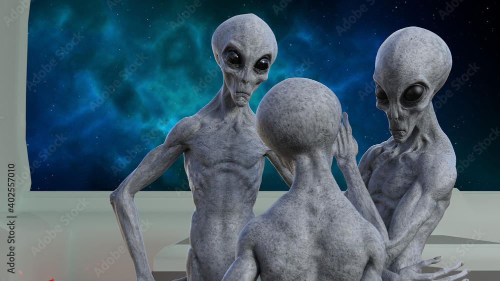 Illustration of a group of gray aliens talking inside a spaceship with a bright blue nebula in the background. Illustration of a group of gray aliens talking inside a spaceship with a bright blue nebula in the background.