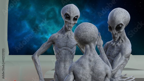 Illustration of a group of gray aliens talking inside a spaceship with a bright blue nebula in the background.