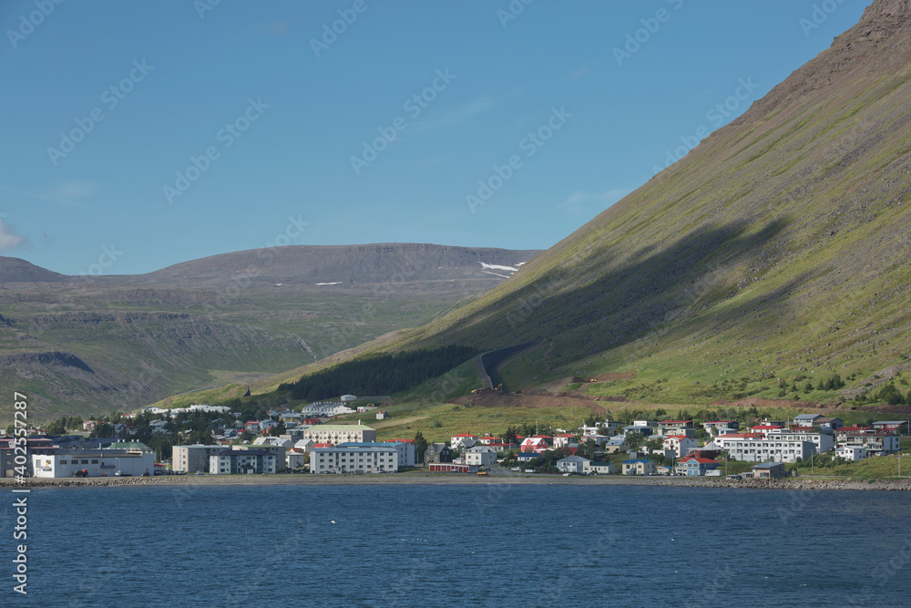Beautiful view and landscape of icelandic fjord that is surrounding village of Isafjordur in Iceland