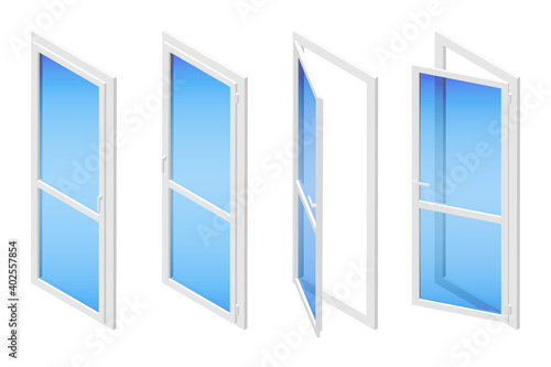 Set of isometric vector illustrations metal plastic PVC balcony doors or windows isolated on white background. Set of opened and closed glass balcony doors icons in flat cartoon style. Energy Saving. 