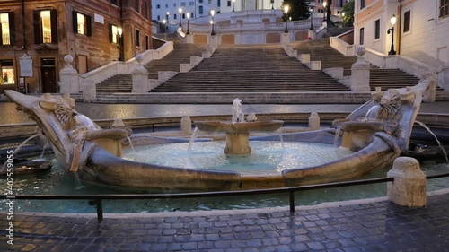 Dawn at the Spanish Steps and Barcaccia Fountain in Rome, Italy