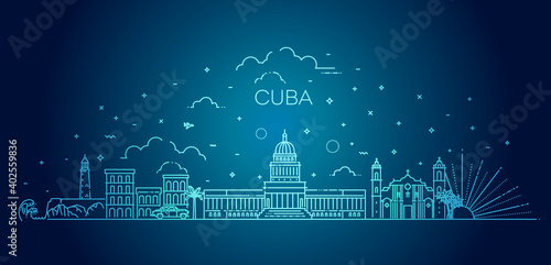 Cuba architecture line skyline illustration