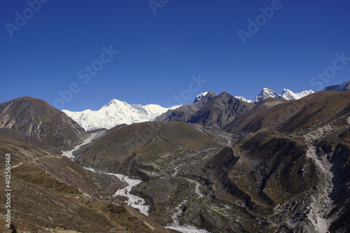 View on Ngozumpa glacier (longest glacier in the Himalayas) from Dole. Cho La pass, Kangchung peak and Taboche Peak in the Background © Silvio