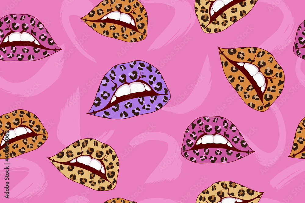Colorful leopard lips seamless pattern, cheetah lips design, wild lips