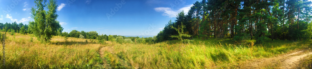 Beautiful panorama of meadow and edge of forest near Kaniv Reservoir shore, Ukraine Beautiful panorama of meadow and edge of forest near Kaniv Reservoir shore, Ukraine
