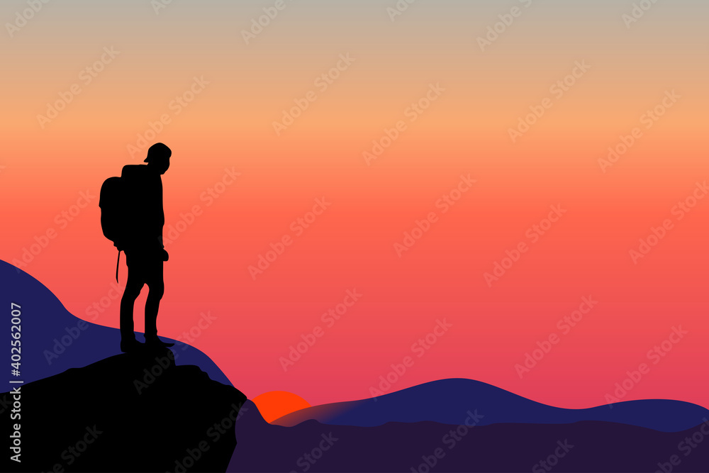 Hike the peak enjoying the freedom and look towards the mountains looking at the sunrise vector illustration