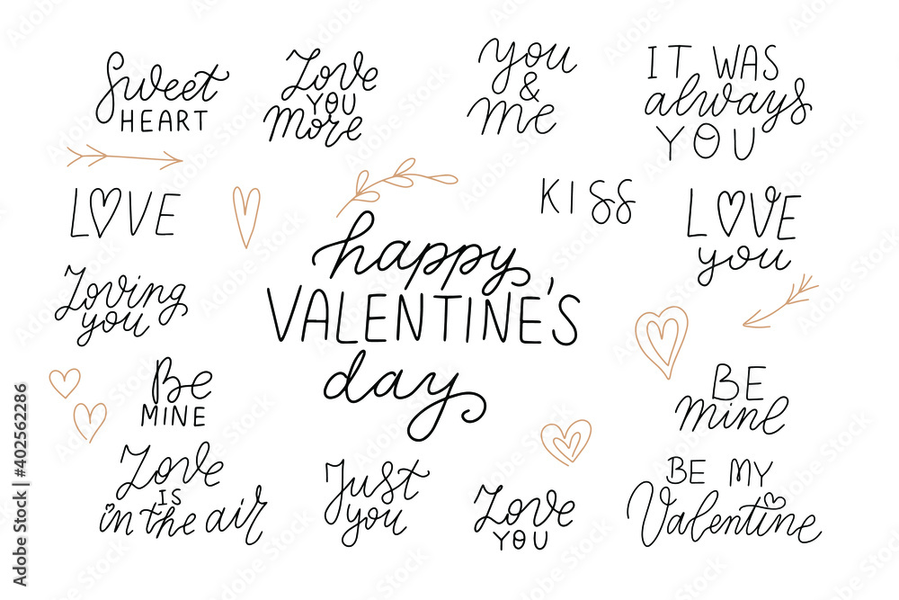 Happy Valentines day. Hugs and kisses, love, hello love, be mine. Valentine romantic hand lettering quotes set. Vector design element. Wedding sayings